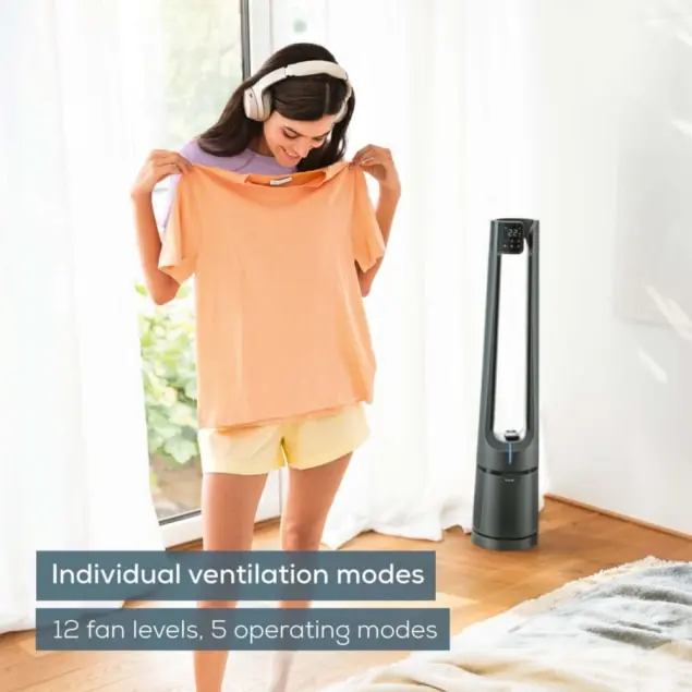 Femme avec casque tient une chemise orange. Un ventilateur noir est à proximité. Texte en bas: modes de ventilation, niveaux de ventilateur.