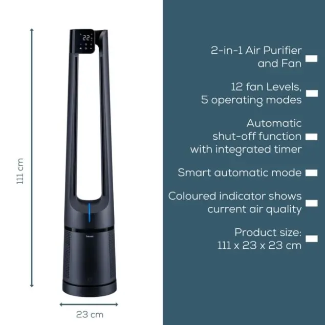 Un purificateur d'air et ventilateur noir, grand et fin. Comprend un affichage numérique, 12 niveaux de ventilateur et arrêt automatique.
