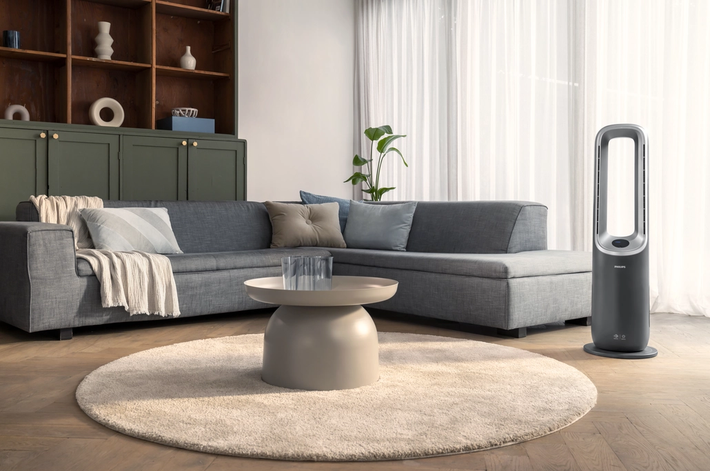 Ein modernes Wohnzimmer mit grauem Sofa, rundem Teppich und Tisch. Ein Ventilator steht am Fenster. Regale und Vorhänge sind sichtbar.