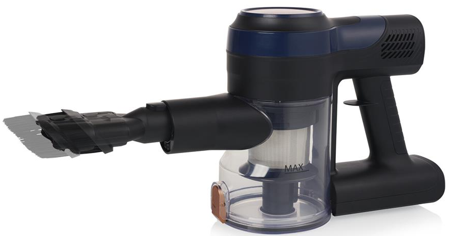 Un aspirateur sans fil, noir et bleu. Il possède une brosse et un bac à poussière transparent. La poignée est noire.