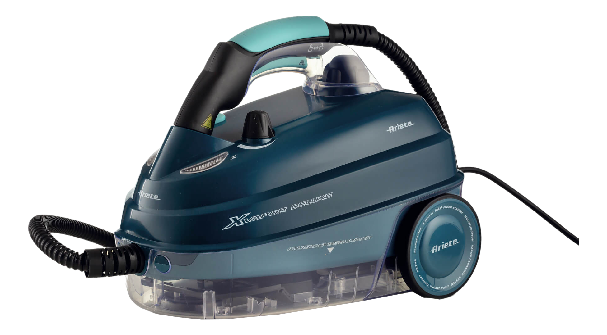 Ein teal Ariete X Vapor Deluxe Dampfreiniger wird vor einem schwarzen Hintergrund gezeigt. Es hat einen Griff, einen Schlauch und Räder.