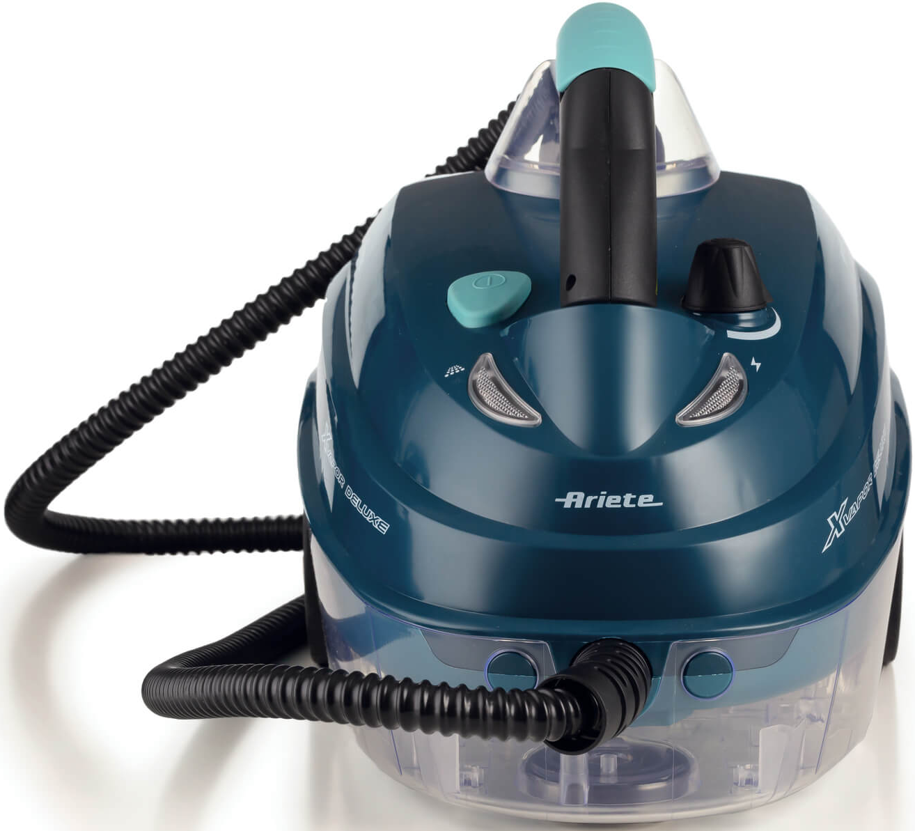 Ein teal Dampfreiniger mit schwarzem Schlauch und Griff. Es hat Knöpfe und einen durchsichtigen Wassertank. Die Marke ist Ariete.
