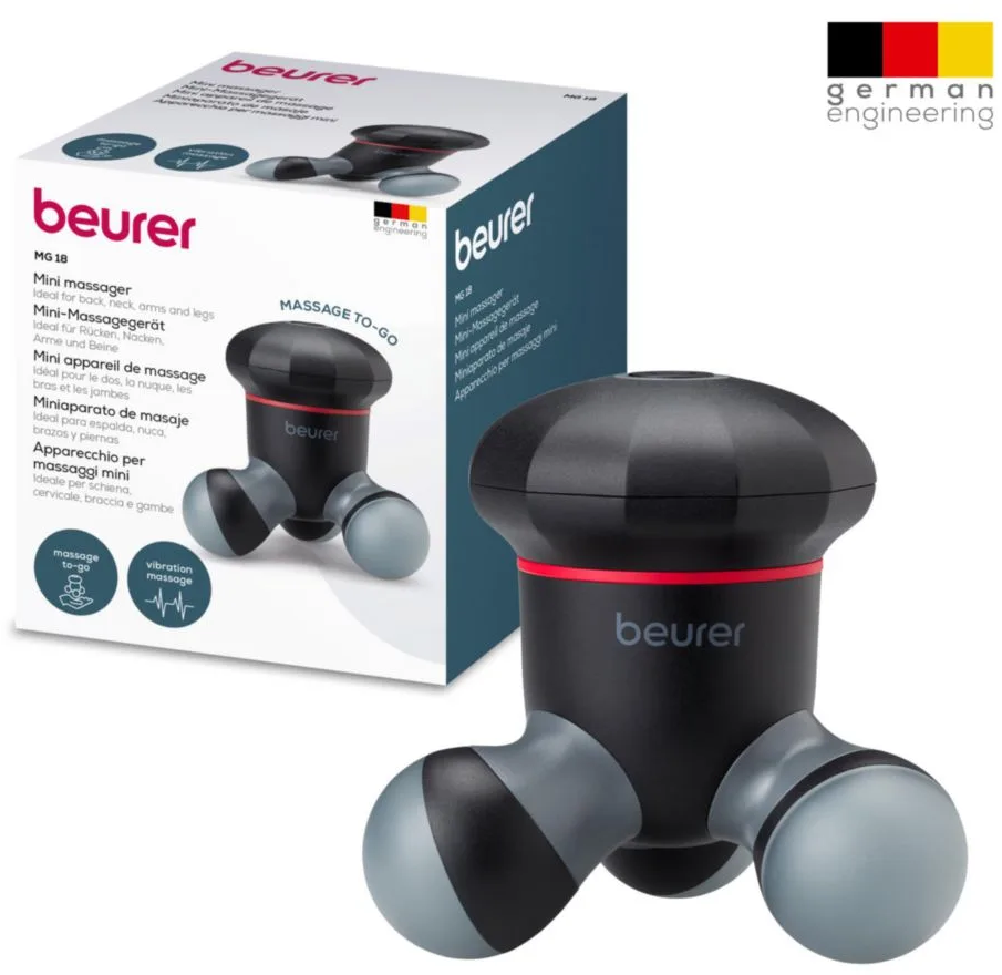 Ein schwarzer und grauer Beurer Mini-Massagegerät wird neben seiner Box angezeigt. Das Massagegerät hat drei Kugeln. Die Box enthält Text.