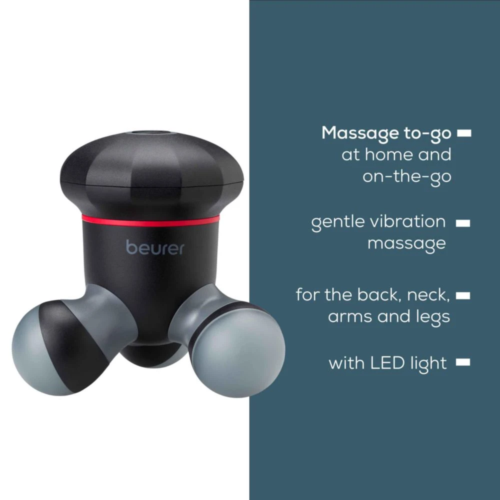Ein schwarzes und graues Handmassagegerät. Es hat drei Massageköpfe. Der Hintergrund ist weiß und dunkelblau geteilt.