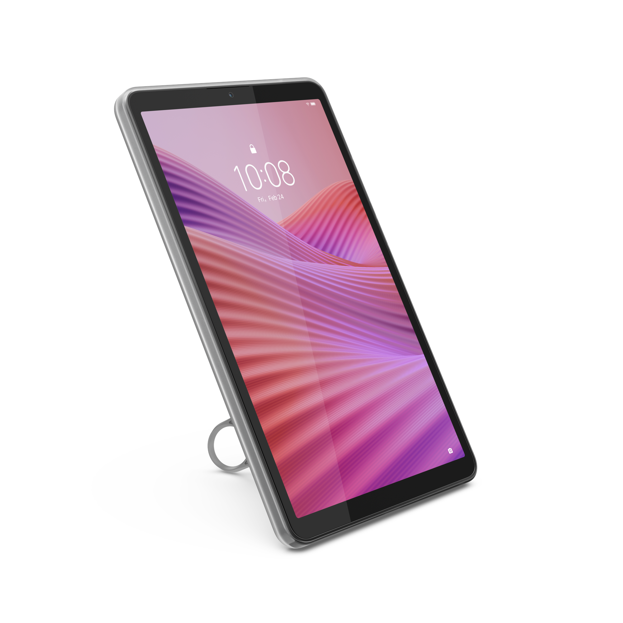 Gümüş çerçeveli, ekranda pembe ve mor soyut arka plan gösteren bir tablet. Siyah arka plan.