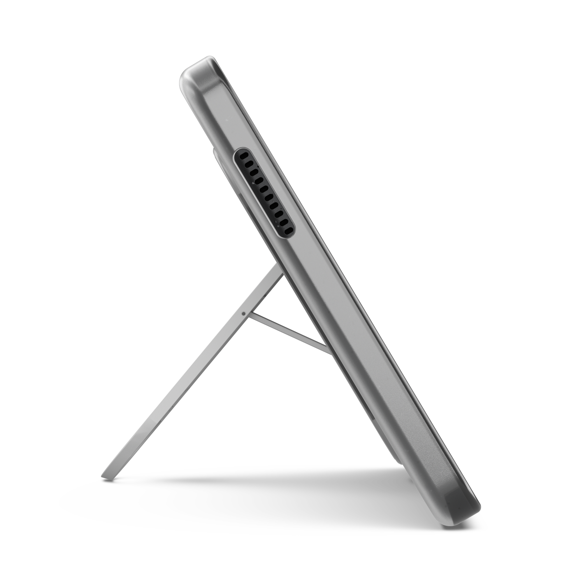 Siyah arka plan üzerinde bir standda gri bir tablet. Tablet eğik ve bir hoparlöre sahip.