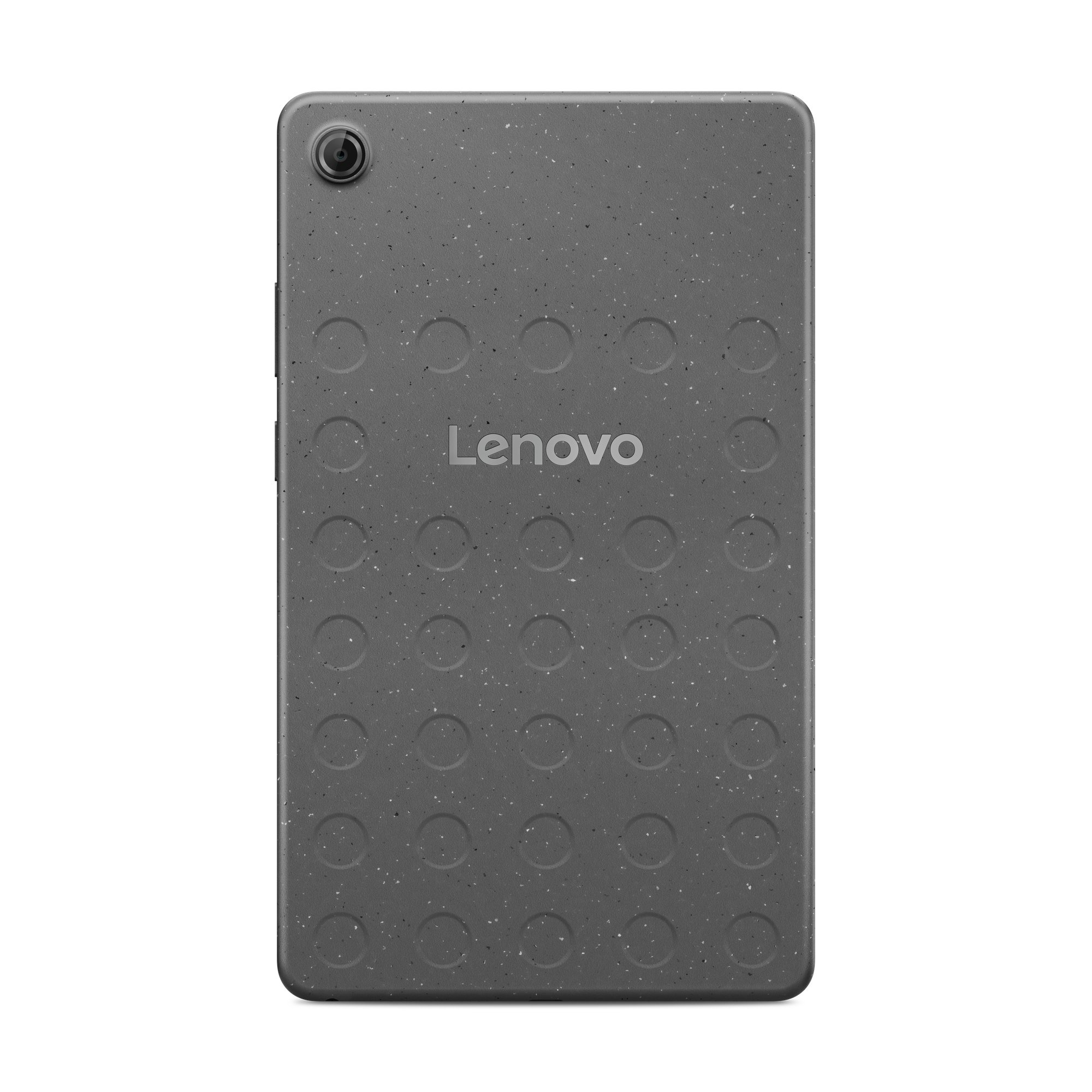 Gri bir Lenovo tabletin arkası. Bir kamerası, Lenovo logosu ve daire deseni var.