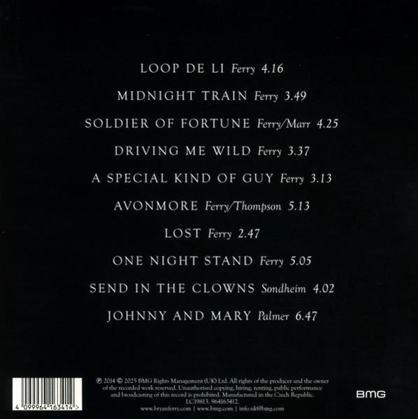 Schwarzes Albumcover mit weißem Text, der Songtitel, Dauer und Künstler Ferry und andere auflistet. BMG-Logo unten rechts.
