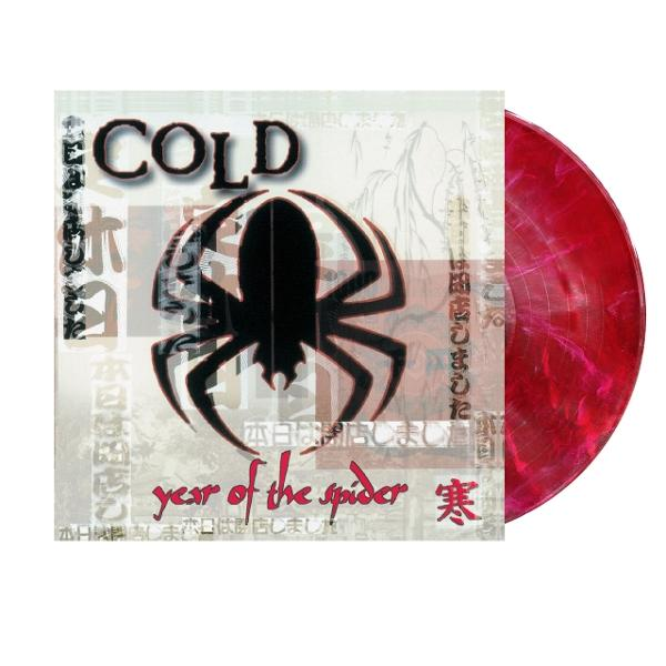 Albumcover für 'Cold: Year of the Spider'. Zeigt eine schwarze Spinne über Text, mit einer rot-rosa Vinylplatte.