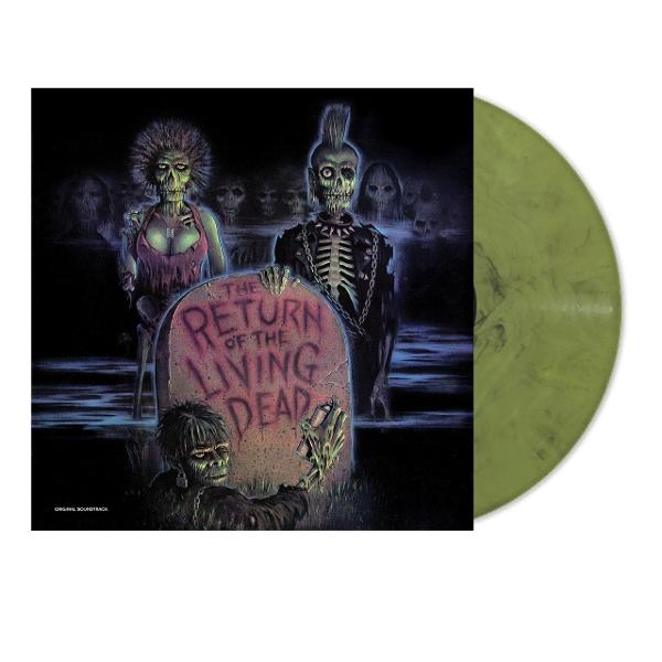 Albumcover von 'The Return of the Living Dead'. Zeigt Zombies, einen Grabstein und eine grüne Vinyl-Schallplatte auf weißem Hintergrund.