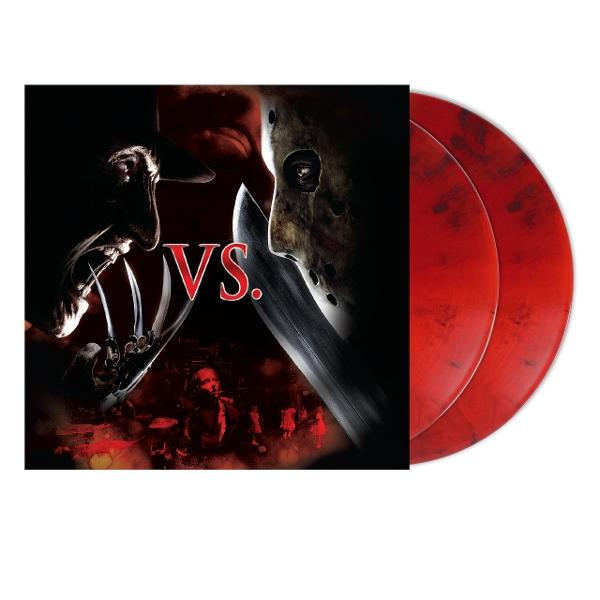 Albumcover: Freddy vs. Jason. Freddys Handschuh, Jasons Maske und zwei rote Schallplatten. Schwarzer Hintergrund mit 'VS' in Rot.