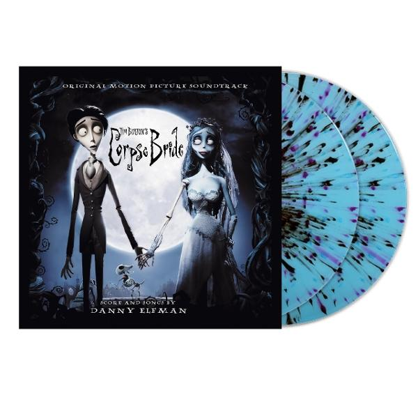 Albumcover von Tim Burtons Corpse Bride. Zeigt animierte Charaktere und Schallplatten mit blauem und violettem Farbkleckermuster.