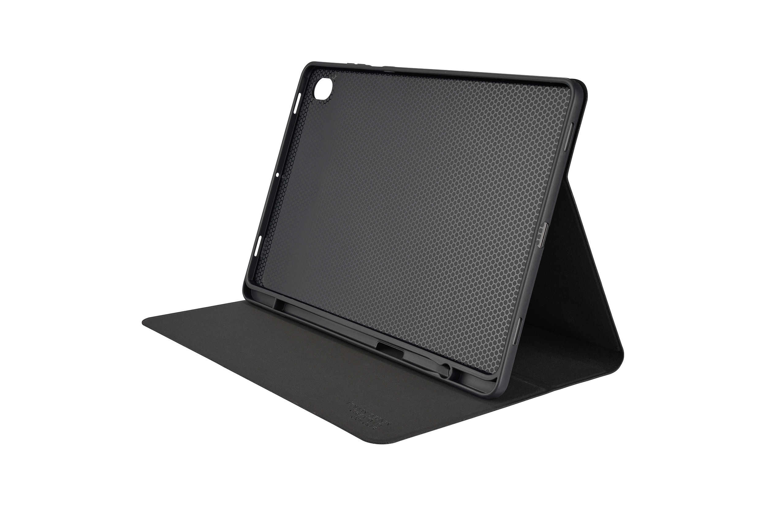Schwarze Tablet-Hülle offen, zeigt das Innere des Tablets. Die Hülle hat ein strukturiertes Muster, vor weißem Hintergrund.
