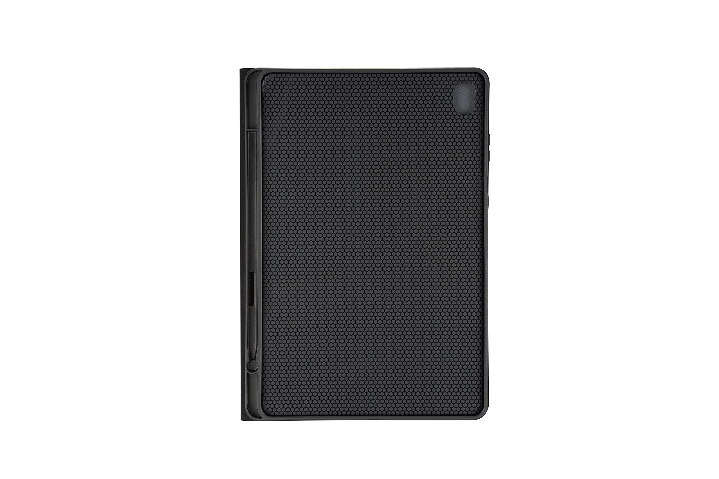 Eine schwarze Tablet-Hülle mit Wabenmuster. Sie hat einen Stifthalter und ein schlankes, modernes Design. Vor weißem Hintergrund.