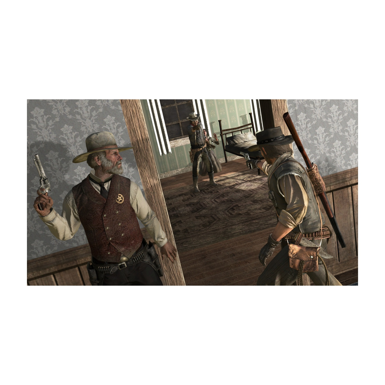 Tre cowboy in una stanza con pistole in pugno. Uno punta una rivoltella, un altro un fucile. Un letto sullo sfondo.