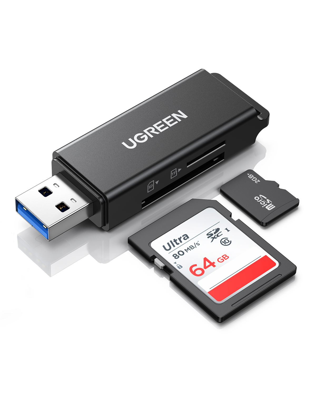 Siyah UGREEN kart okuyucu, USB konektörlü, SD kart ve MicroSD kart ile beyaz zemin üzerinde.