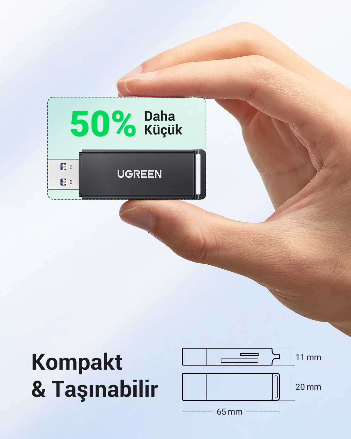 Bir el siyah bir UGREEN USB sürücüsü tutuyor. Yeşil bir dikdörtgen '50% Daha Küçük' yazıyor. Altında, boyutlar mm cinsinden gösteriliyor.