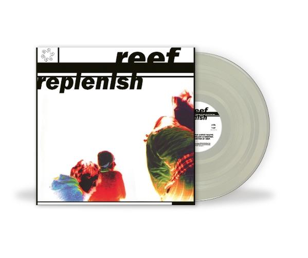 Albumcover von "Replenish" von Reef, mit einer Schallplatte. Das Cover zeigt verschwommene Figuren und Text. Die Platte ist silberfarben.