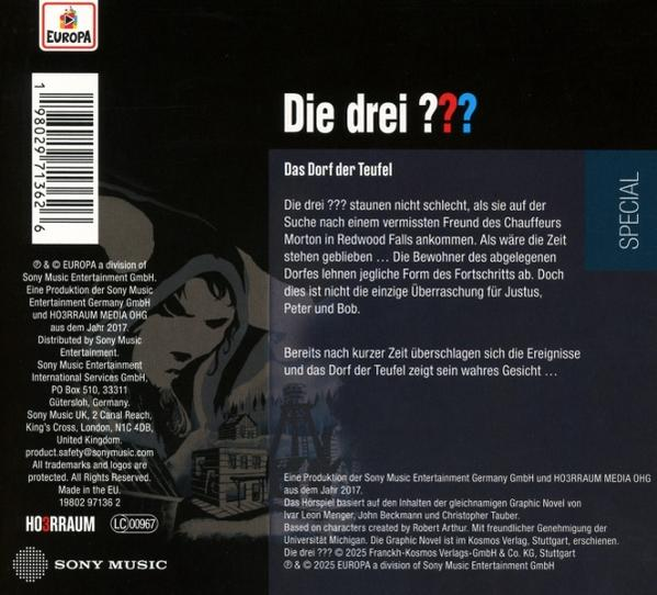 CD-Hülle mit Text 'Die drei ???', einer Kapuzenfigur, Text auf Deutsch und einem Sony Music-Logo.