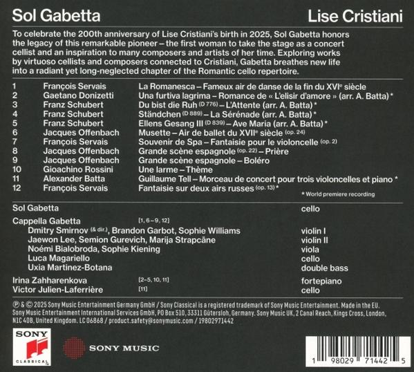 Ein CD-Cover mit Text über Sol Gabetta und Lise Cristiani, mit einer Liste von Musikstücken und Interpreten.