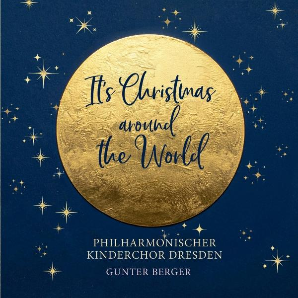 Goldener Kreis mit Text 'It's Christmas around the World', umgeben von Sternen auf marineblauem Hintergrund. Text unten zeigt Chor.