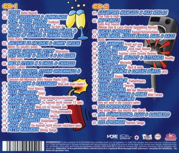 CD-Cover mit Songtiteln und Künstlern. Enthält Sektgläser und eine Lautsprechergrafik. Enthält Text, Logos und einen blauen Hintergrund.