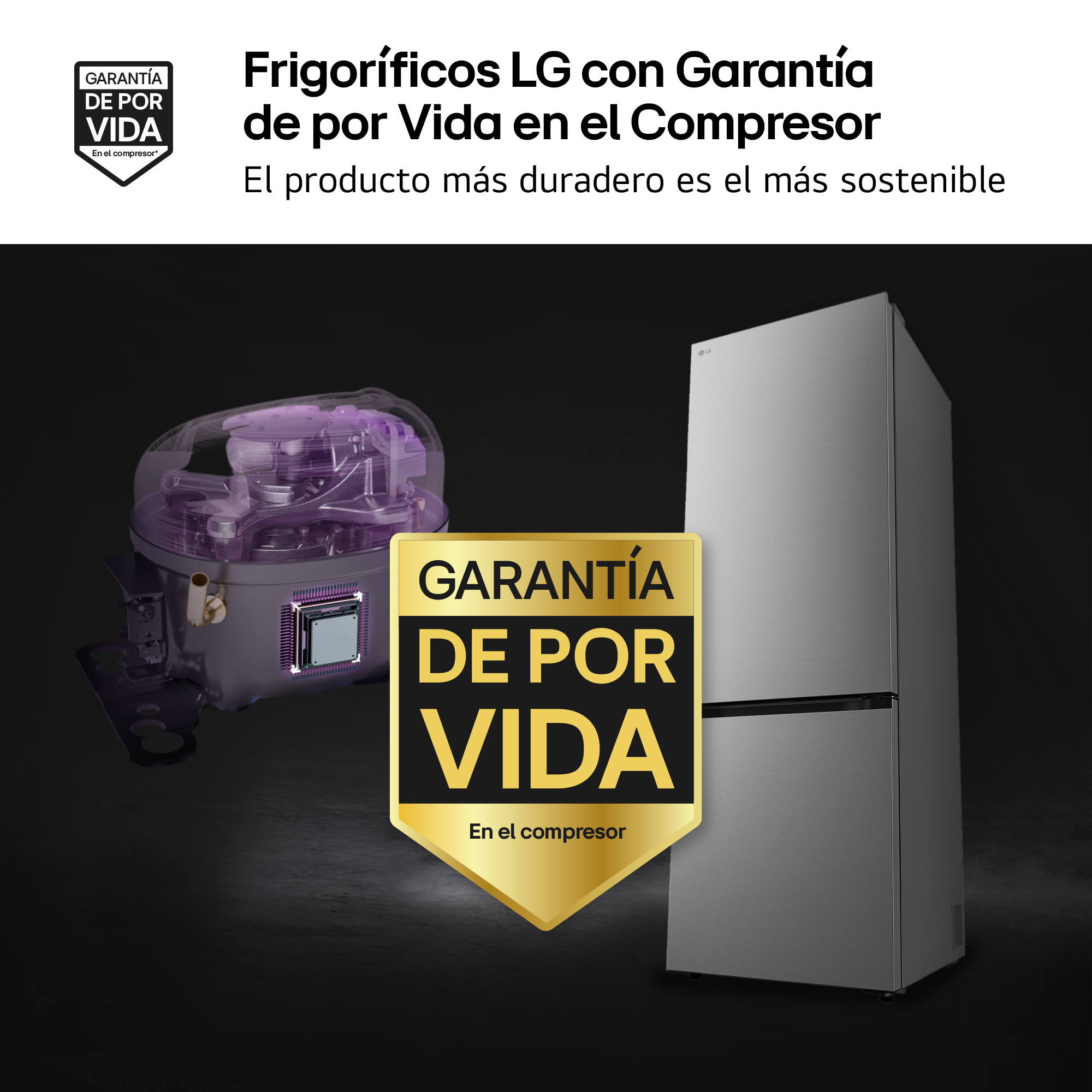 La imagen muestra un refrigerador LG, un compresor y una insignia de garantía, que anuncia productos duraderos.