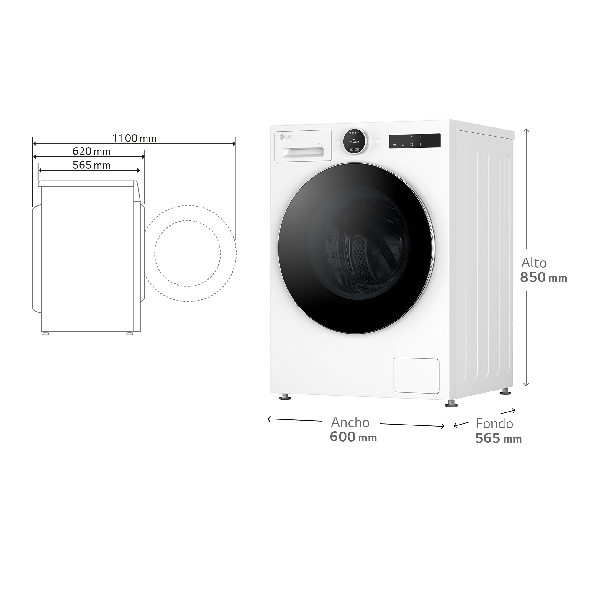 Una lavadora LG blanca con puerta negra y panel de control. Dimensiones etiquetadas.