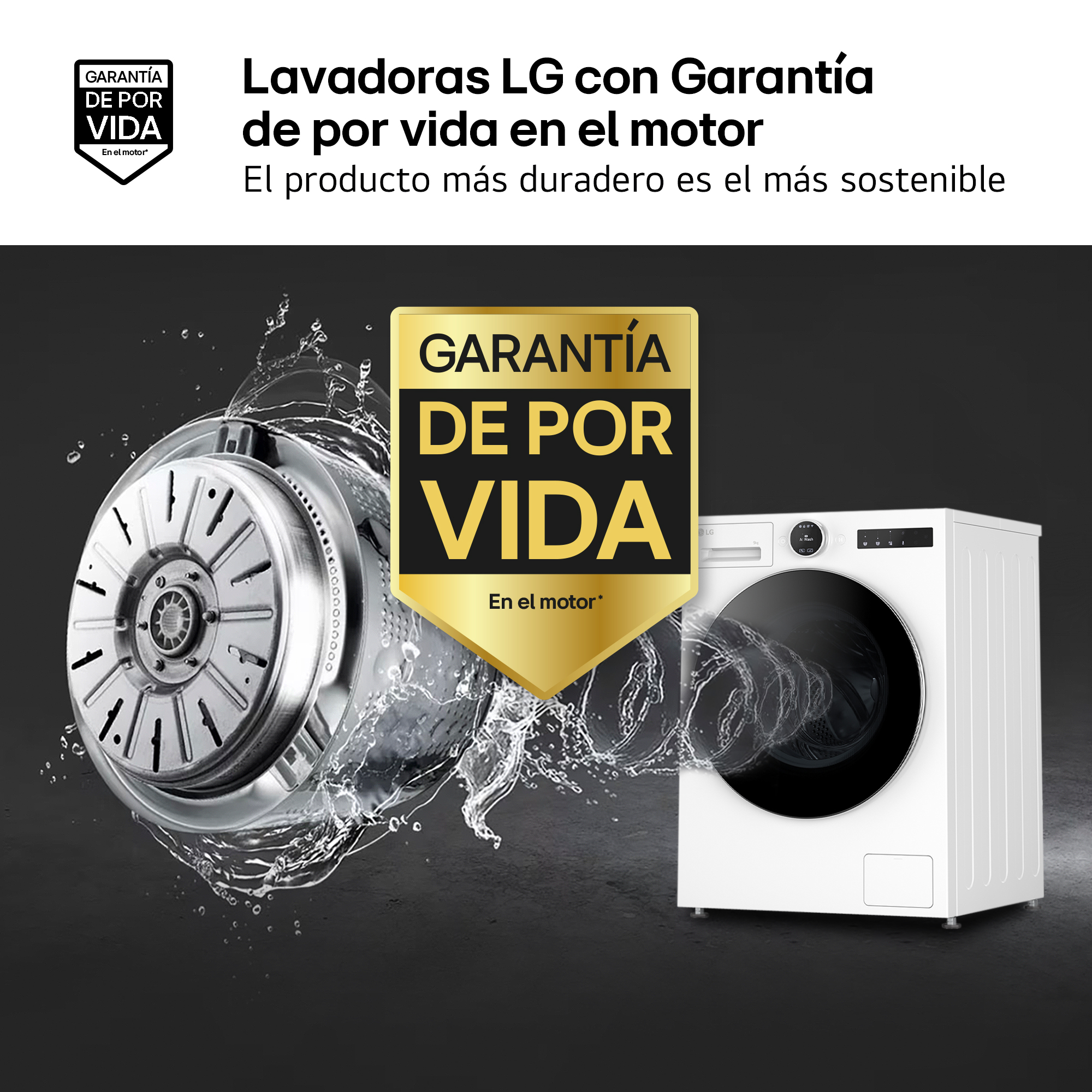 Una lavadora LG con garantía del motor. El agua salpica alrededor del motor y la máquina. Texto: Garantía de por vida.