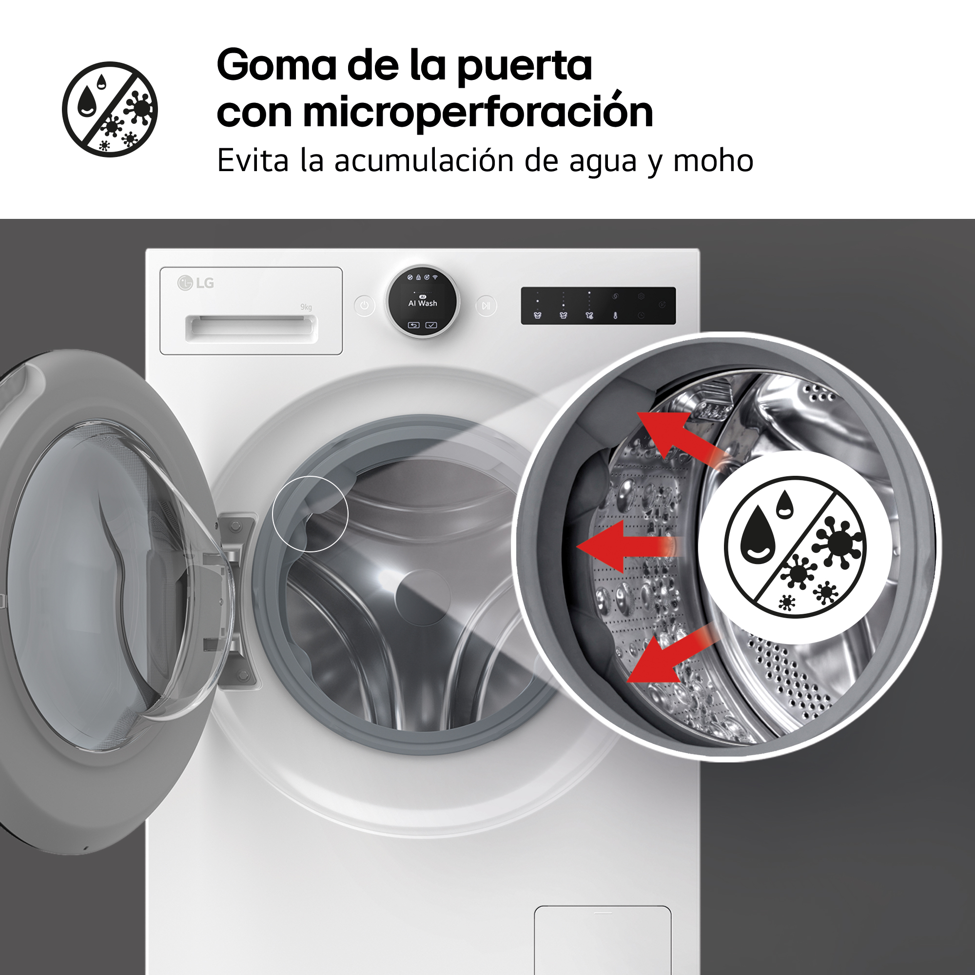Lavadora con puerta abierta. Primer plano del sello de la puerta. El texto indica que evita el agua y el moho.