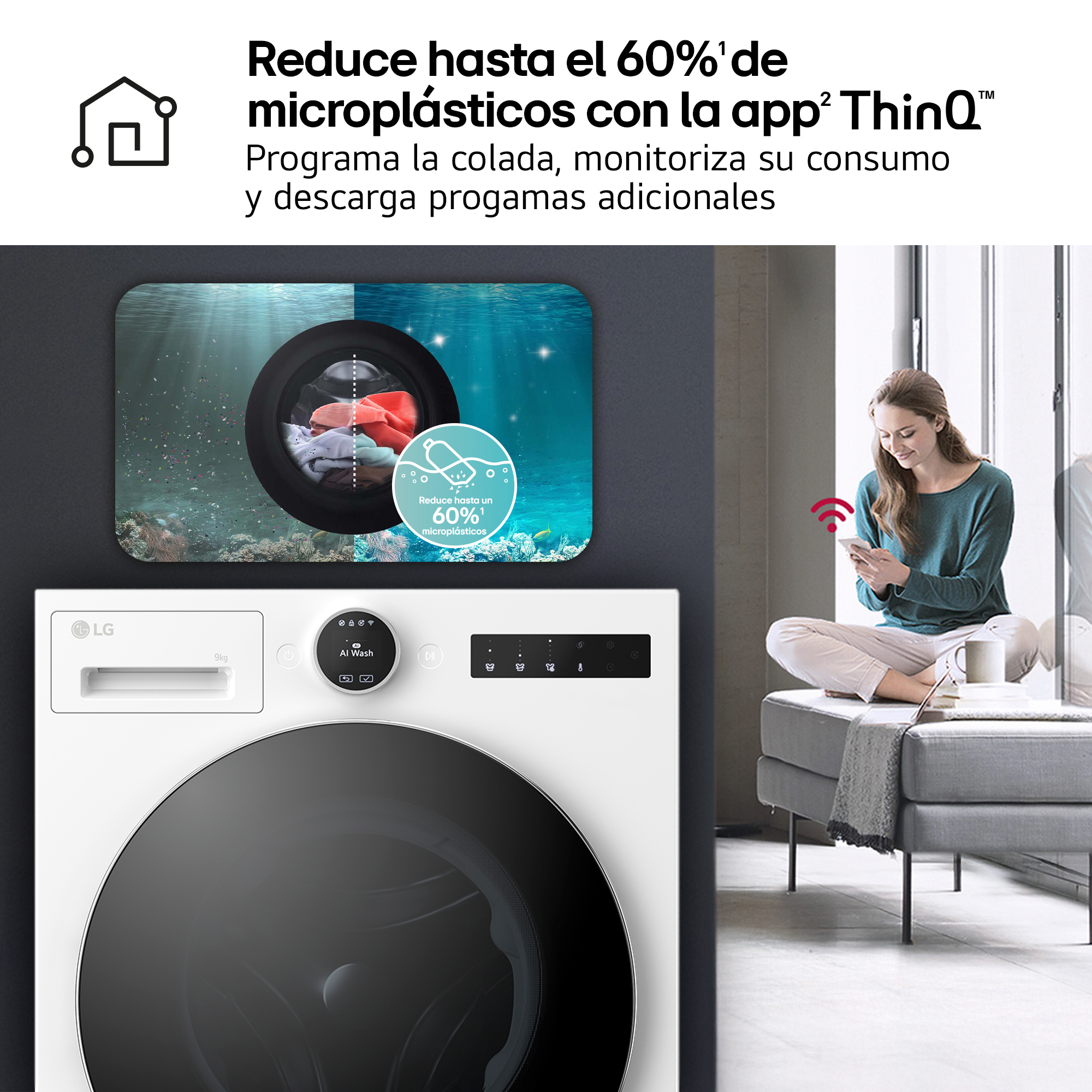 Una mujer usa un teléfono cerca de una lavadora. El anuncio promueve la reducción de microplásticos.