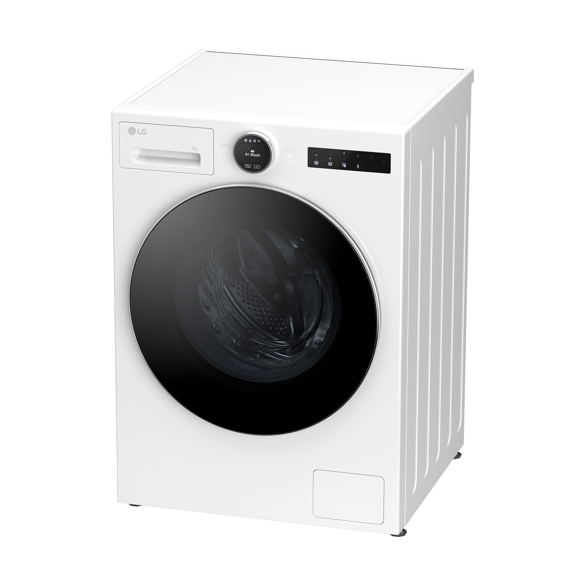 Lavadora LG blanca. Tiene una puerta negra y un panel de control con pantalla. La máquina está sobre un fondo blanco.