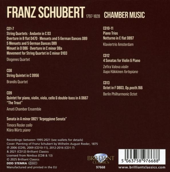 CD-Cover mit Franz Schubert-Details, Kammermusik-Auflistungen und Brilliant Classics-Logo.