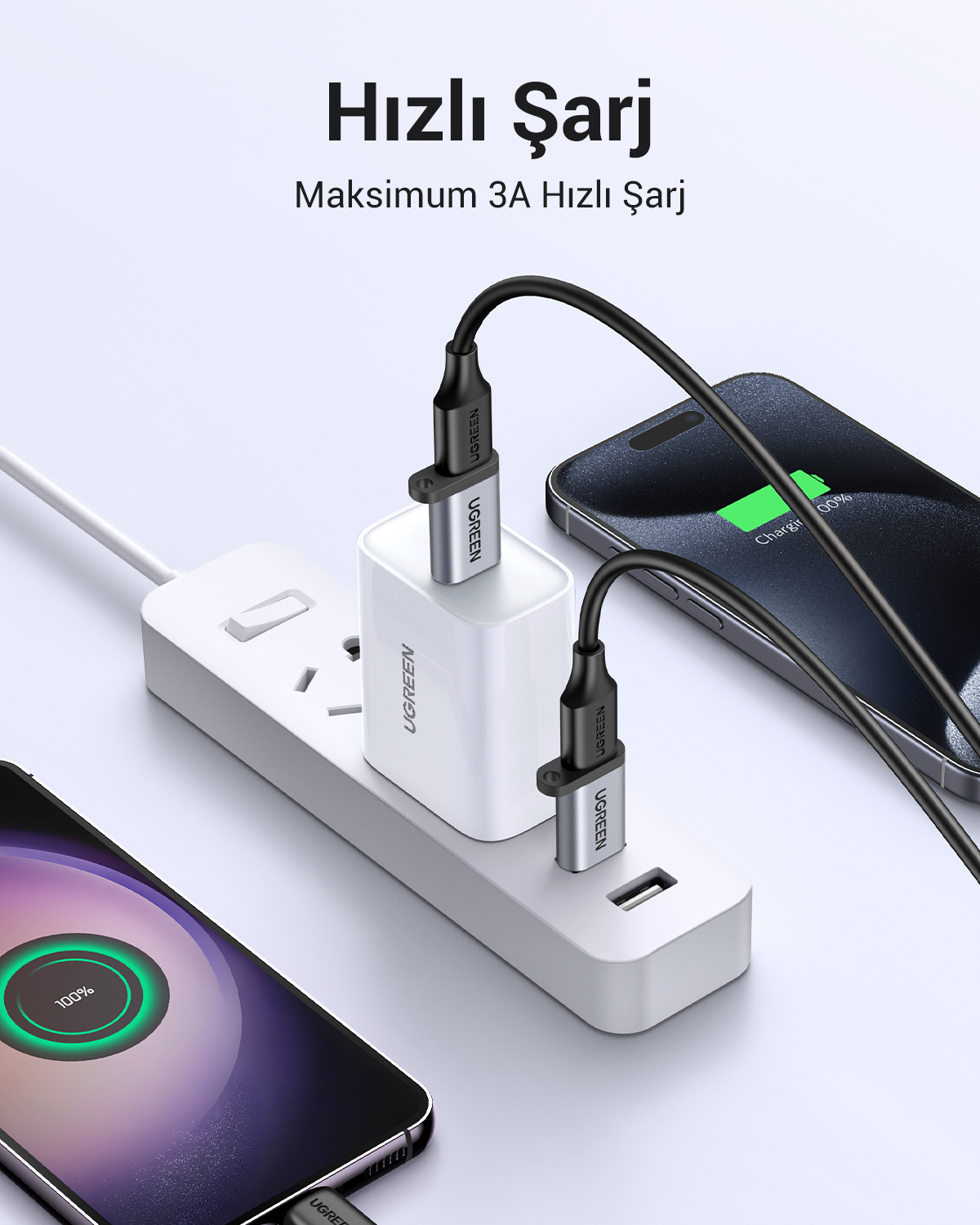 İki akıllı telefon, bir güç adaptörüne bağlı USB kabloları aracılığıyla şarj oluyor. Ekran %100 ve şarj durumunu gösteriyor.