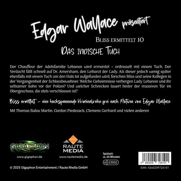 Cover von "Bliss ermittelt 10: Das indische Tuch." Zeigt Edgar Wallaces Namen, Buchtitel und Logos.