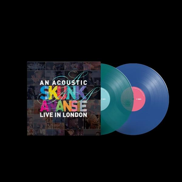 Albumcover und zwei Schallplatten. Das Cover zeigt 'An Acoustic Skunk Anansie Live in London'. Die Platten sind türkis und blau.