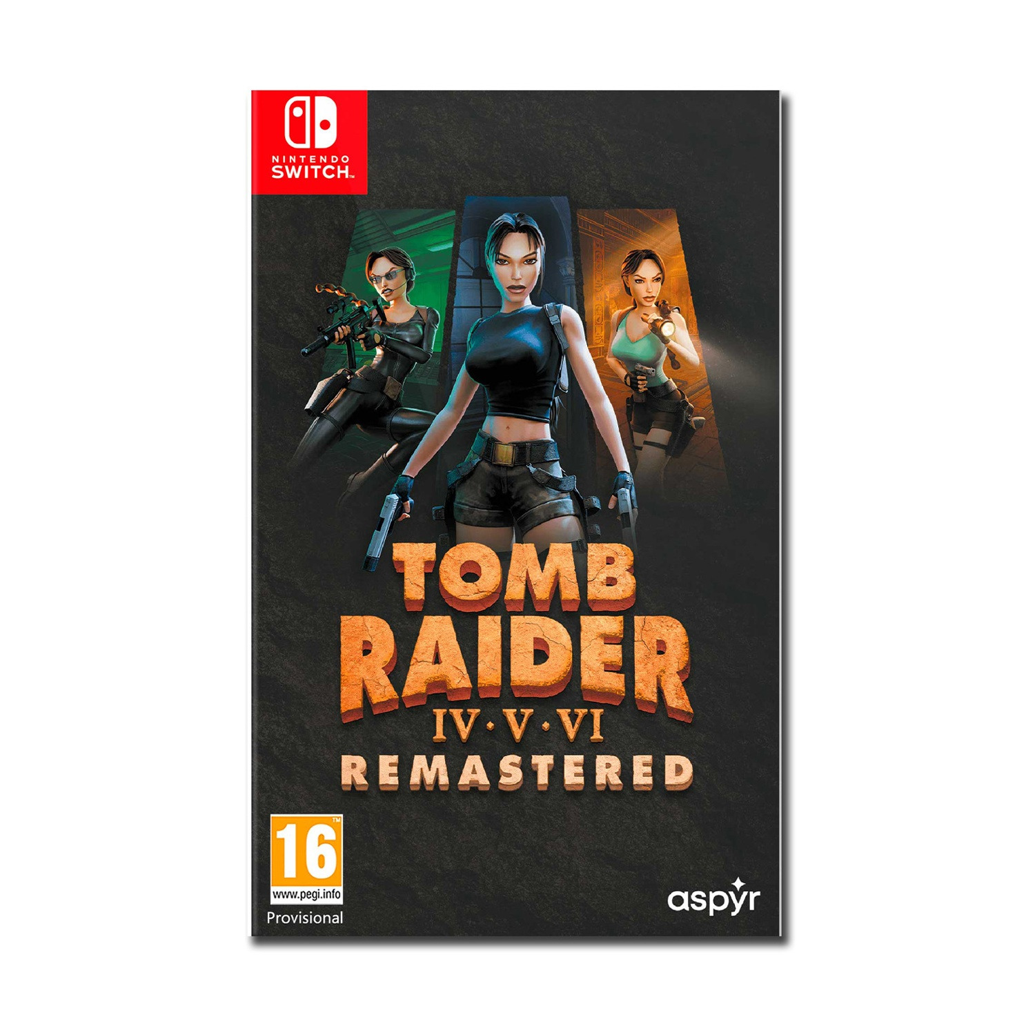 Copertina del gioco Tomb Raider. Tre personaggi femminili con armi. Logo Nintendo Switch in alto. Titolo: Tomb Raider IV, V, VI Remastered.