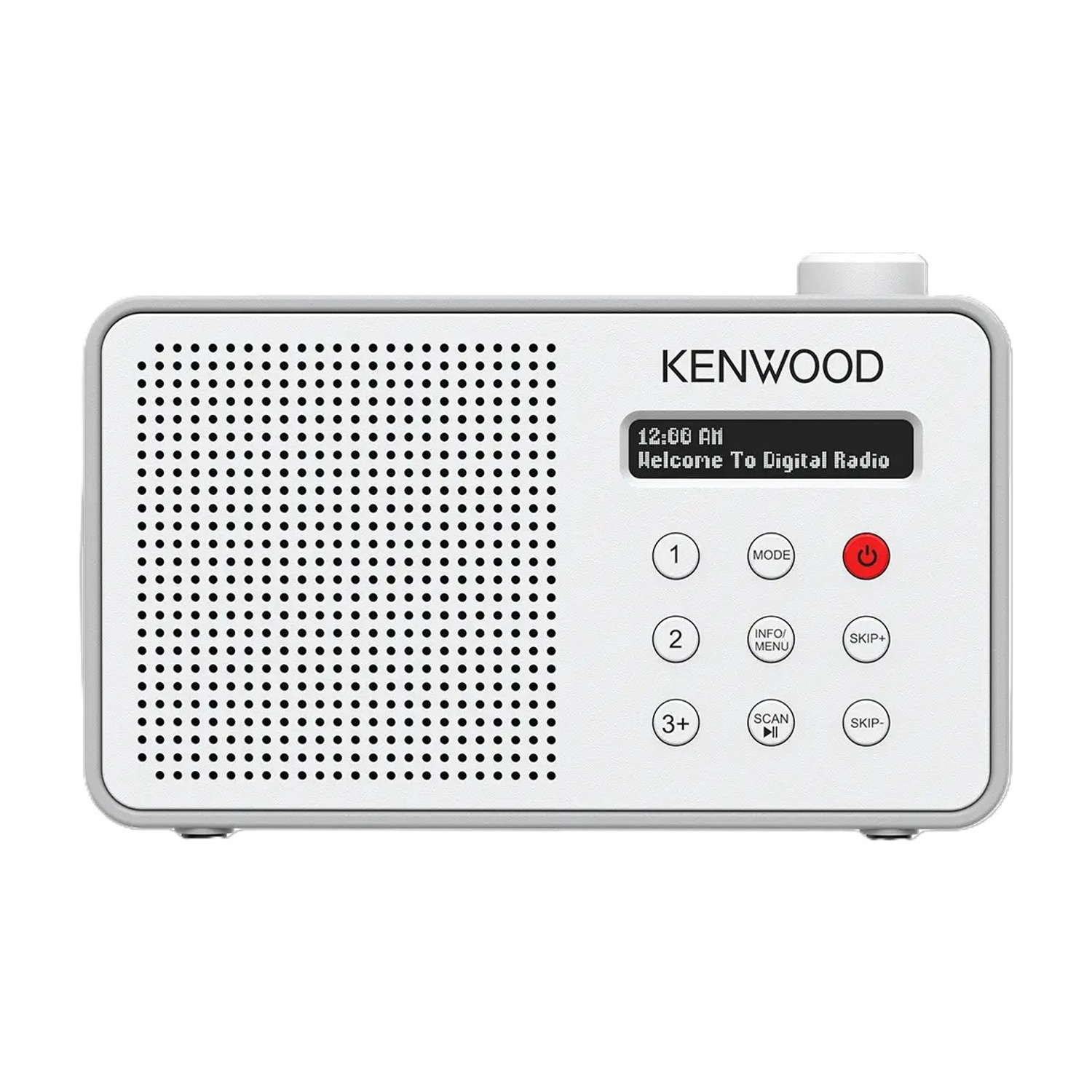 Una radio Kenwood bianca con schermo mostra 'Welcome to Digital Radio'. Ha pulsanti e un pulsante di accensione.