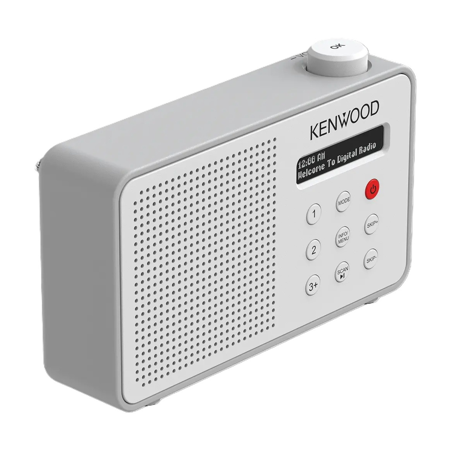 Una radio digitale Kenwood bianca. Ha un altoparlante, pulsanti e un display che mostra 'Welcome To Digital Radio'.