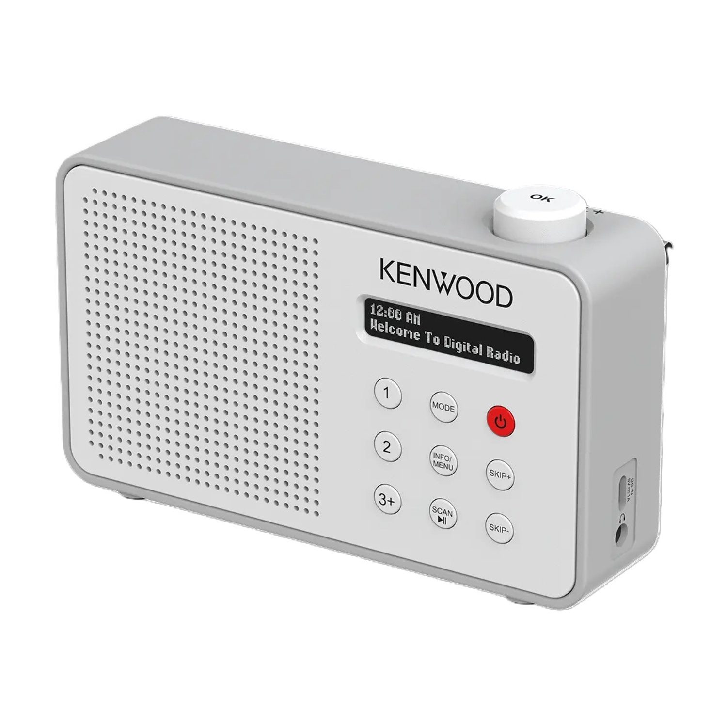 Una radio digitale Kenwood grigia. Ha un altoparlante, un display, pulsanti e un quadrante. Il display mostra 'Welcome to Digital Radio'.