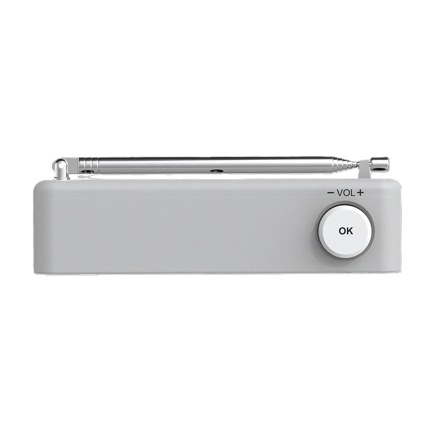 Una piccola radio grigia con antenna argentata e pulsante bianco 'OK'. Controllo volume contrassegnato '- VOL+'.