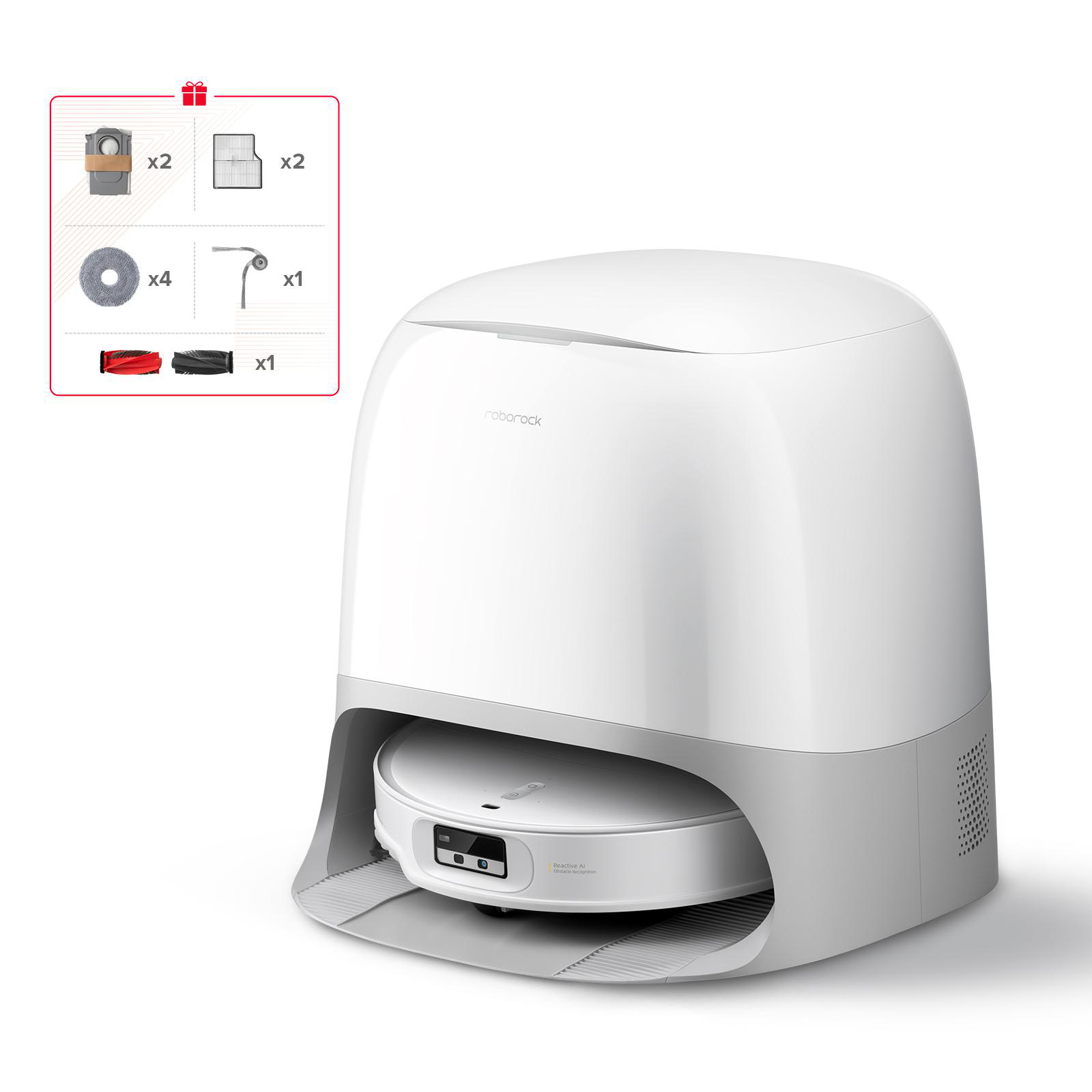Ein weißer Roborock-Roboter-Staubsauger mit Dockingstation sowie Zubehör wie Filtern und Bürsten.