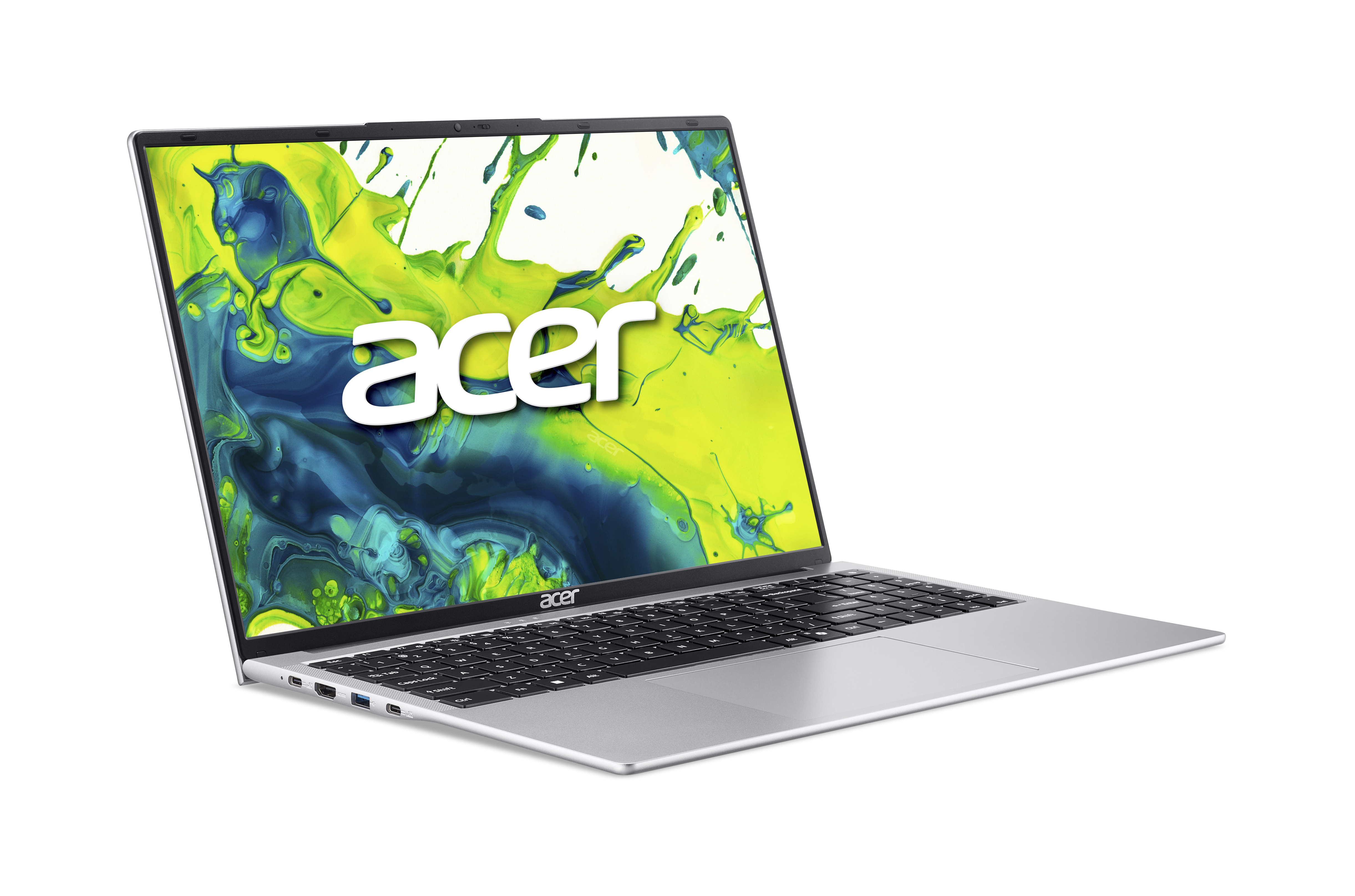 Acer-Laptop auf weißem Hintergrund. Der Bildschirm zeigt ein grünes und blaues Spritzdesign. Die Tastatur ist sichtbar.