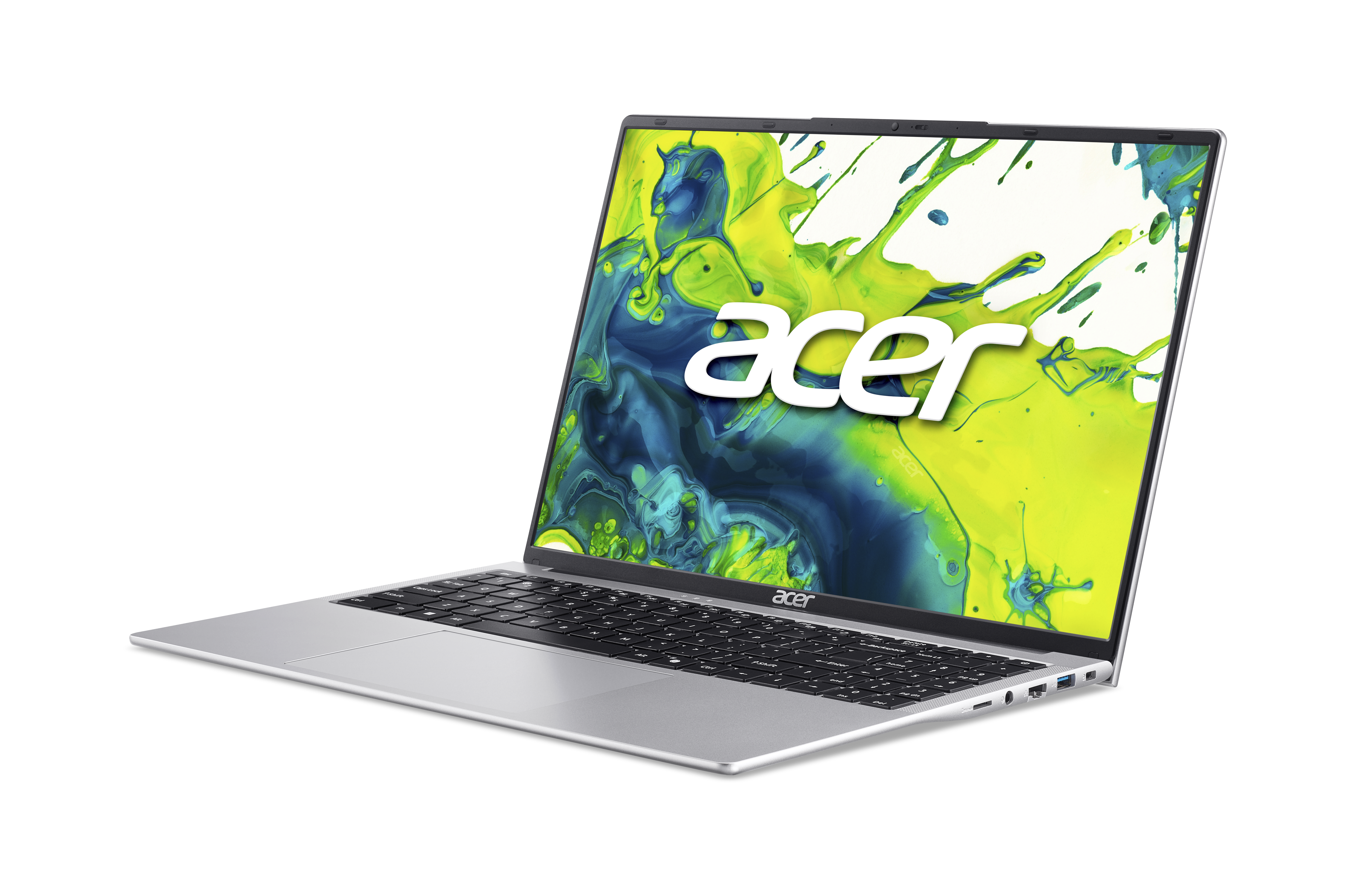 Silberner Acer-Laptop auf weißem Hintergrund. Der Bildschirm zeigt bunte abstrakte Kunst. Das Wort 'acer' ist prominent.