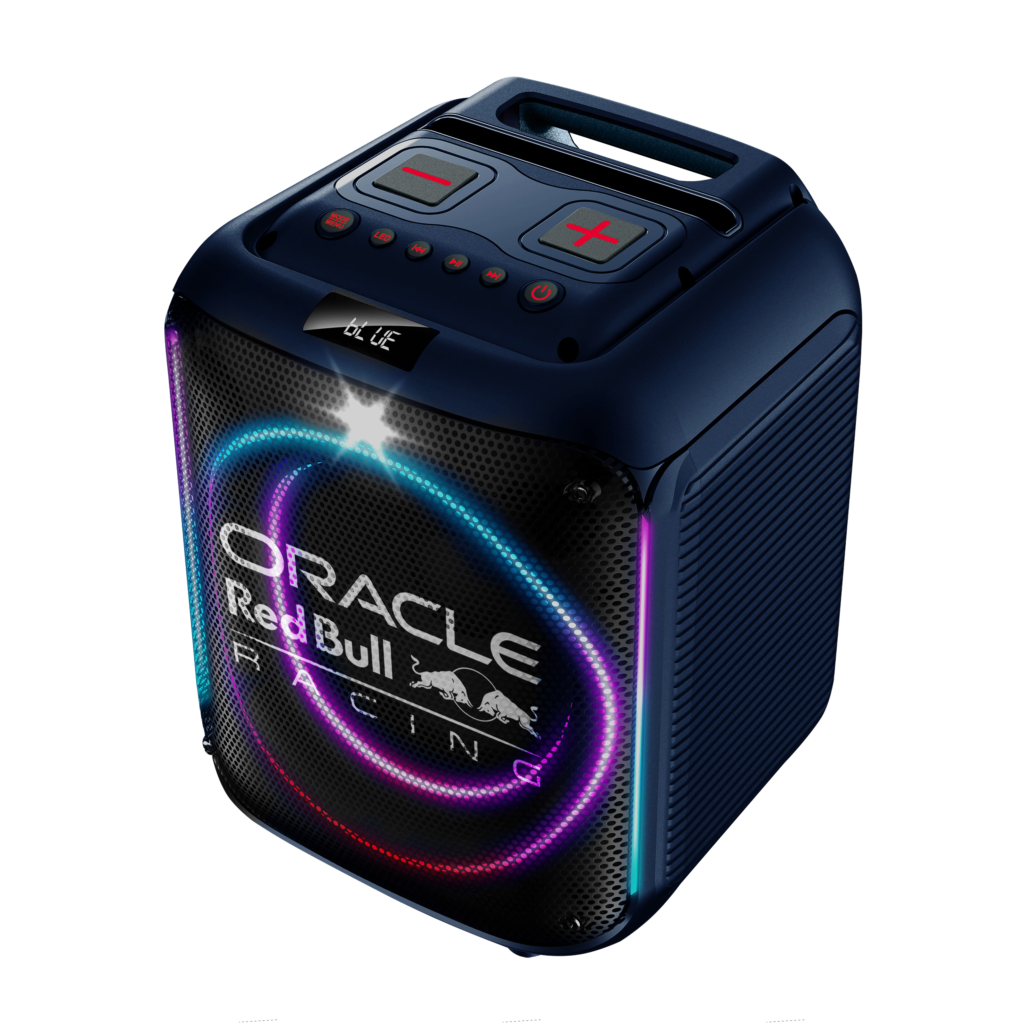 Ein dunkelblauer Oracle Red Bull Racing-Lautsprecher. Er hat eine Netzfront mit dem Teamlogo und Neonlichtern.