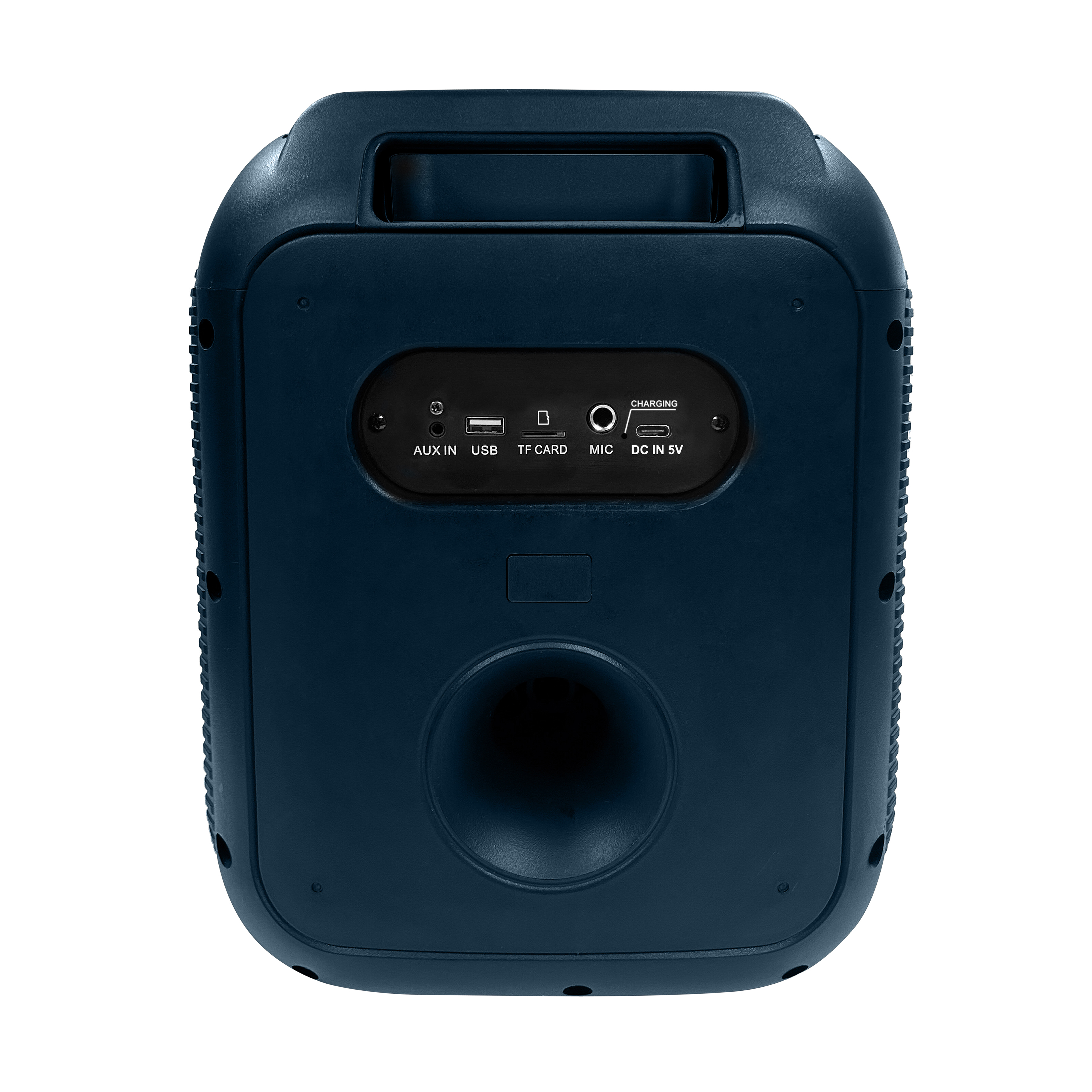 Rückseite des dunkelblauen Lautsprechers. Merkmale sind AUX-, USB-, TF-Karten-, MIC- und DC IN 5V-Anschlüsse und ein Griff.