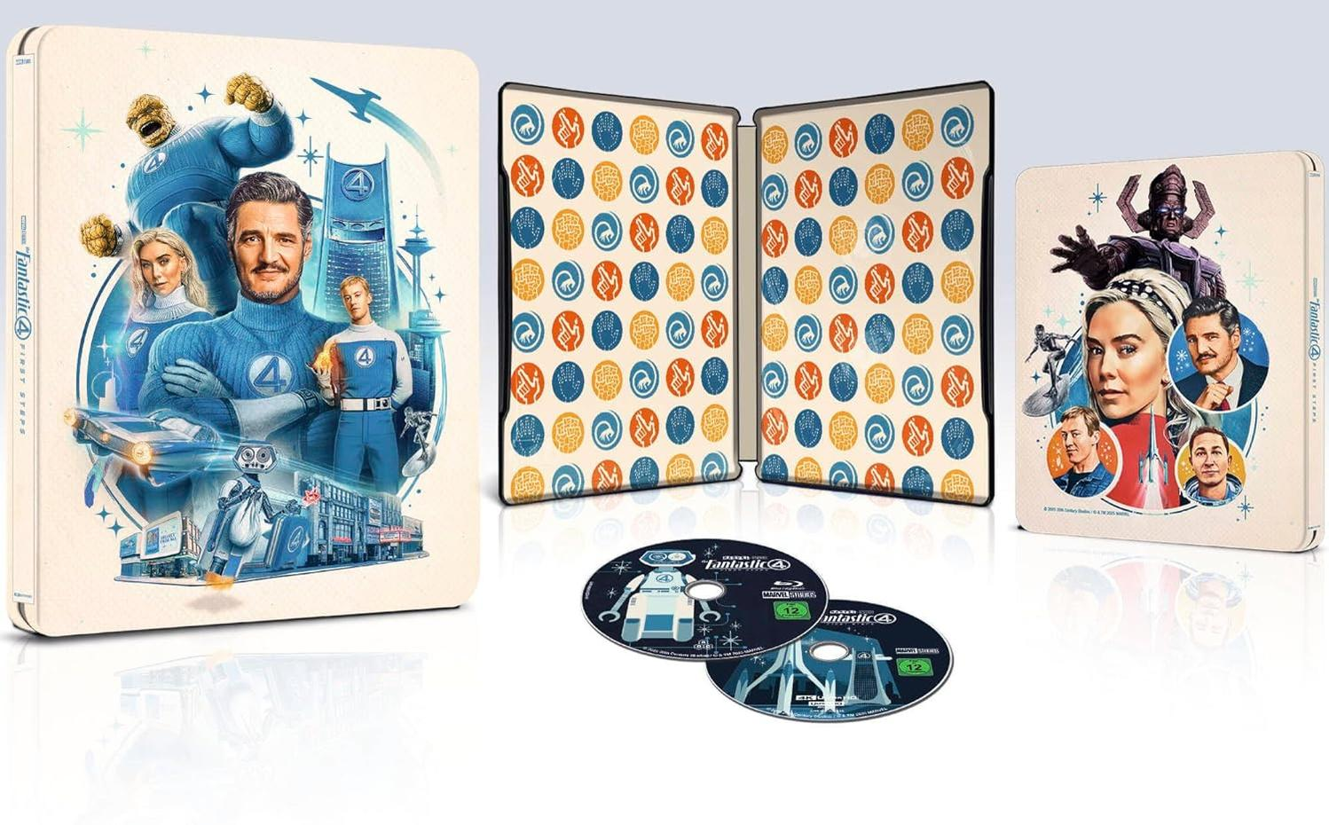 Fantastic Four Steelbook mit Charakteren, Fahrzeugen und Galactus. Innenleben mit Mustern.
