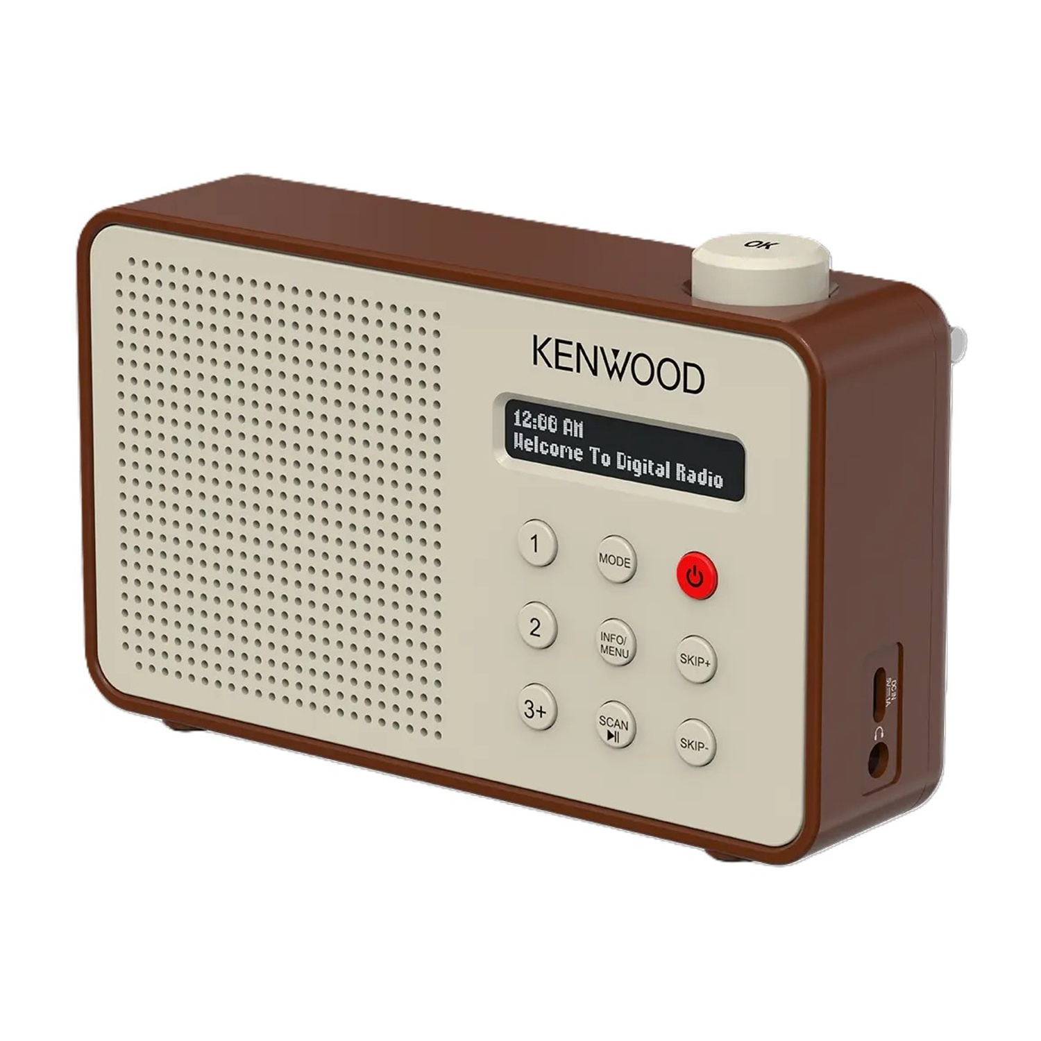 Una radio Kenwood in stile retrò. Ha un frontale color crema con accenti marroni. Sono visibili pulsanti e un display. In alto c'è una manopola.