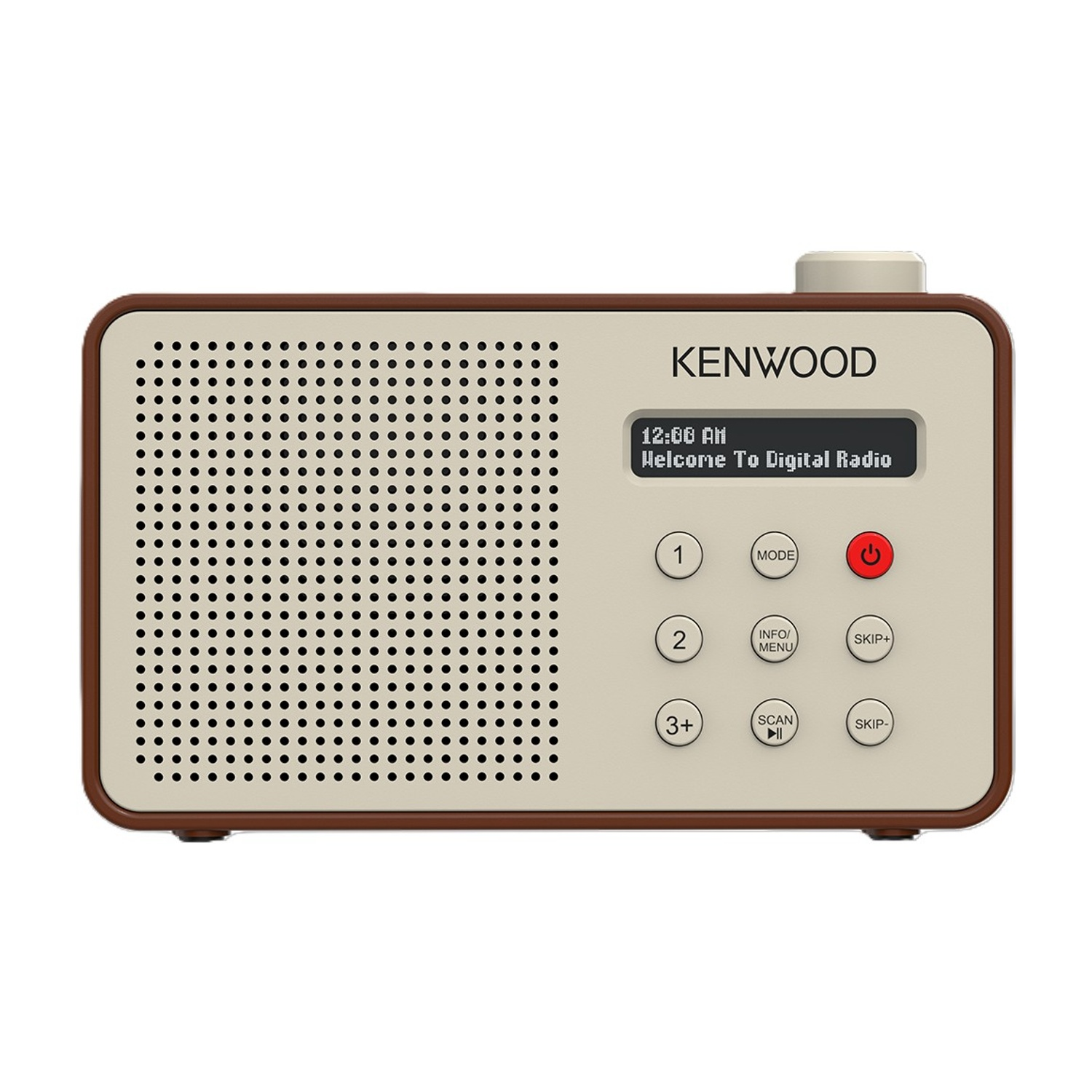 Una radio Kenwood beige. Ha un altoparlante, pulsanti e un display con la scritta 'Welcome To Digital Radio'. Cornice marrone.