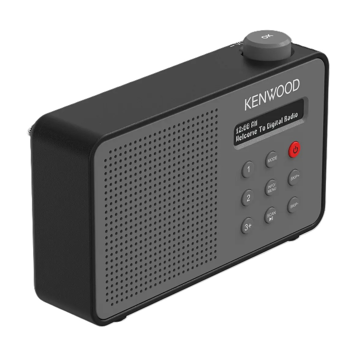 Una radio digitale Kenwood nera e grigia. Visualizza l'ora e un messaggio di benvenuto. Sono visibili pulsanti e una manopola.